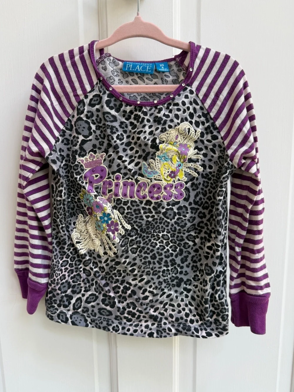The Children's Place Girls 4 Purple Gray Princess Leopard Long Sleeve Top Shirt